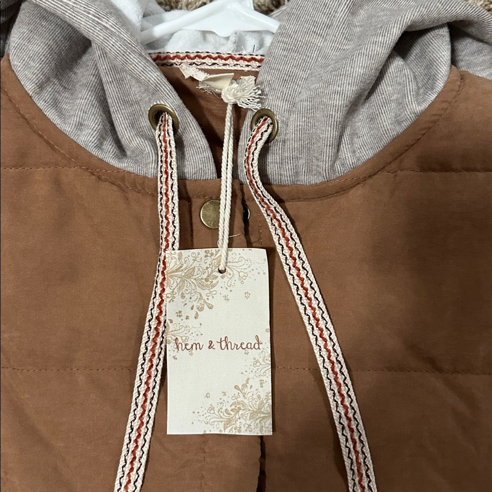 Hem & Thread Tan Vest with Gray Hood - Picture 2 of 5